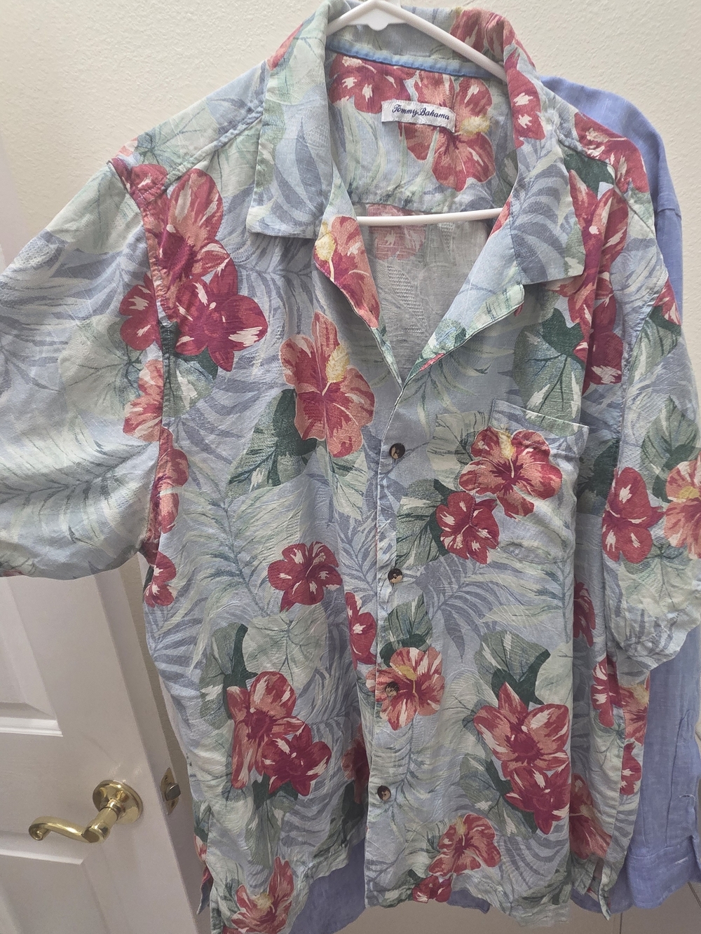 Tommy Bahama Men's Blue Floral Hawaiian Shirt - Red Flower Print